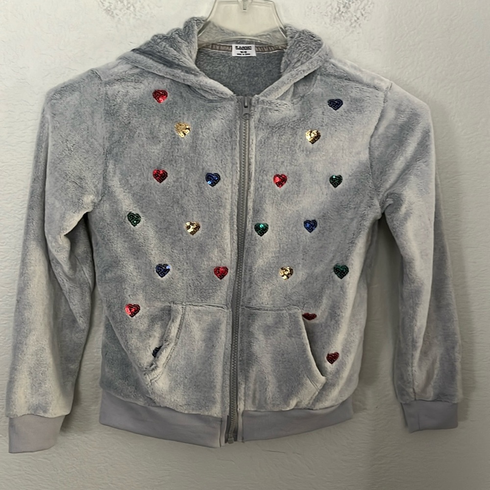💙🩵🩷SUPER SOFT HOODIE ZIPPER SWEATSHIRT LT GREY W/SEQUIN HEARTS GIRLS SZ 10-12